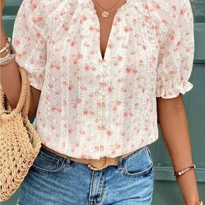 SHEIN White and Pink Floral Blouse